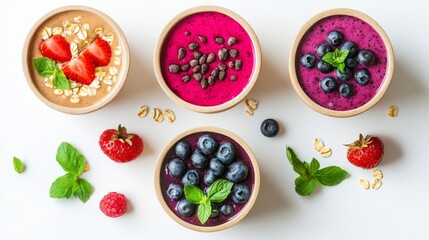 Paper boxes filled with fresh berries, ancient grains, and smoothies on a white background. Healthy smoothies, oats, and berries. Healthy food. Flat lay, top view