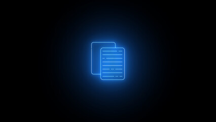 Neon icon of documents with check mark on black background. File documents uploading icon neon glowing magenta color 4k illustration.

