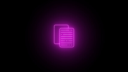 Neon icon of documents with check mark on black background. File documents uploading icon neon glowing magenta color 4k illustration.

