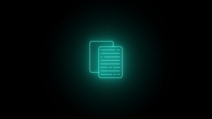 Neon icon of documents with check mark on black background. File documents uploading icon neon glowing magenta color 4k illustration.
