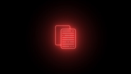 Neon icon of documents with check mark on black background. File documents uploading icon neon glowing magenta color 4k illustration.
