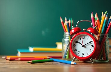 Vibrant school supplies arrangement featuring colorful pencils, books, red alarm clock. Education concept on green chalkboard background. Stationery items, knowledge tools, learning, classroom, back