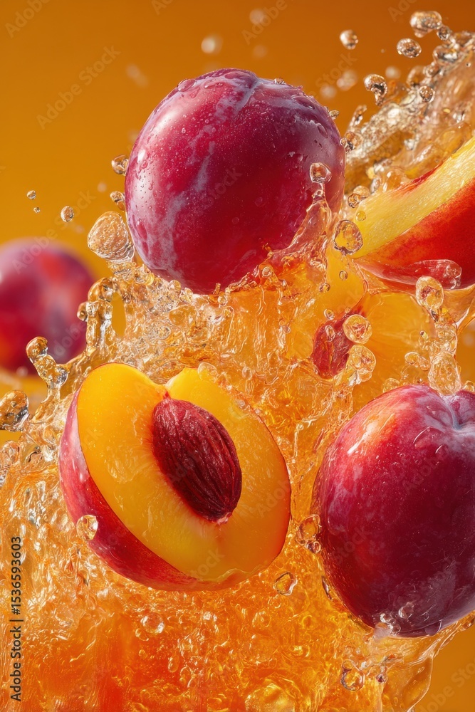 Poster plums splashing in juice against orange backdrop, showcasing freshness and summer refreshment for fo