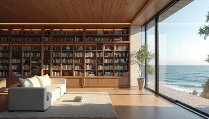 Bright home office library with ocean view through panoramic window. Bookshelves with collection of books. Modern interior design, wood trim. Study room for virtual meeting, online education.