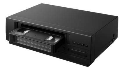 Classic black VHS player with a tape inserted, showcasing buttons and input ports on transparent background.