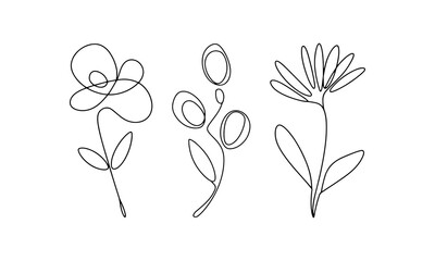 Tiny Line Flowers Set. A delicate group of three small flowers with minimal details in continuous line art.