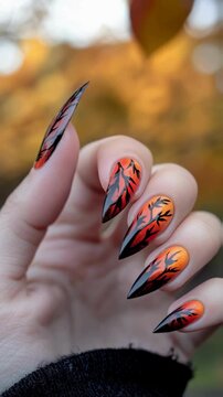 Autumnal Nail Art Fiery Sunset Gradient with Black Tree Silhouette on Stiletto Nails