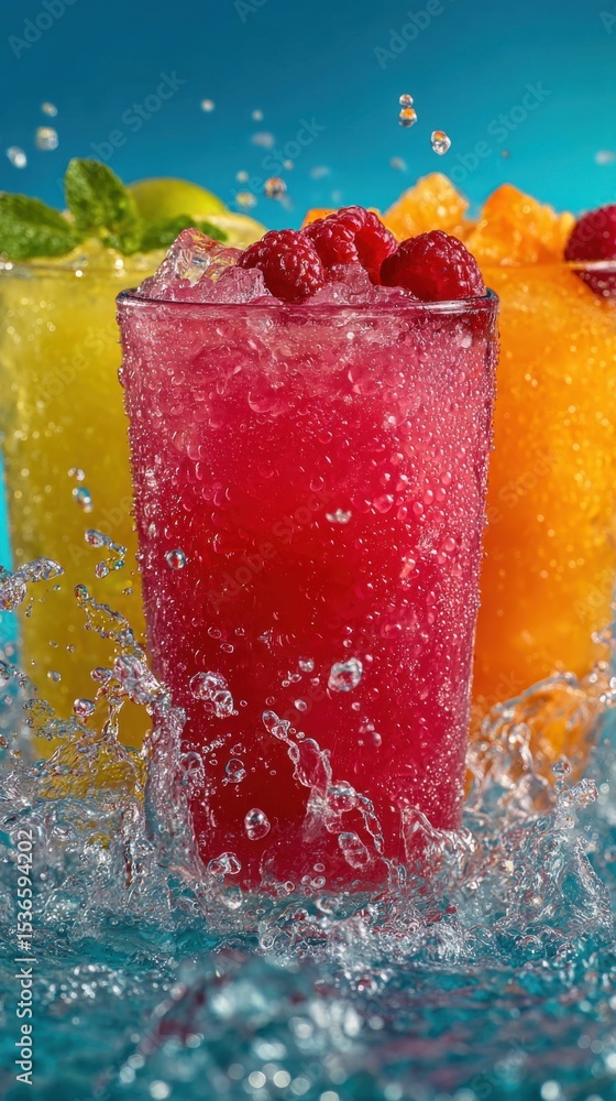 Poster refreshing colorful drinks with ice and splashing water, representing summer refreshment and beverag