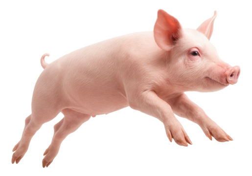 Lively young piglet in mid-leap with detailed pink skin and small hooves on transparent background.