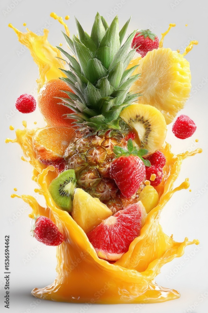 Poster exotic fruit explosion with pineapple and citrus in a splash of juice, promoting healthy eating and 