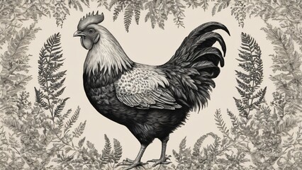 Intricate Line Art of a Rooster with Ferns in a Vintage Style, Detailed monochromatic illustration of a rooster encircled by fern patterns, showcasing meticulous artistry in a vintage aesthetic
