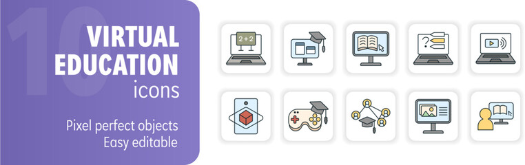 Virtual education set with online courses, video tutorials, distance learning, and gamification icons