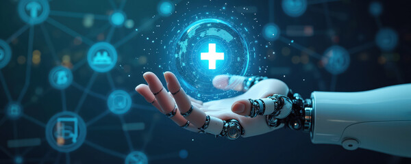 Robot hand holds healthcare system management tools. Concept AI, automation, innovation in medicine. Healthcare tech, medical devices, diagnostics, patient monitoring, futuristic medicine. Digital