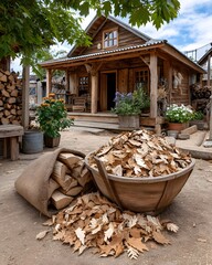 Wooden cabin yard with dried leaves high resolution picture