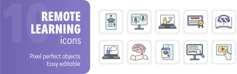 Obraz premium Set of remote education and online learning icons featuring students, teachers, and technology