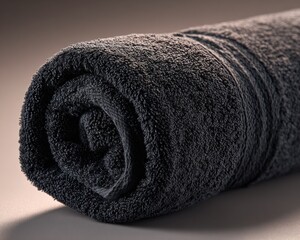 Rolled Dark Gray Towel on a Neutral Surface, Showcasing Softness and Cleanliness for Home Comfort and Spa Relaxation : Generative AI