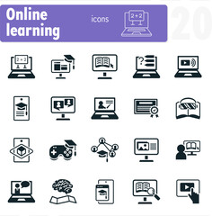 Online learning icons featuring students studying with laptops and mobile devices