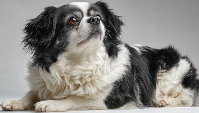 Black and White Dog Lying Down Looking Upward, Representing Pet Ownership and Animal Companionship : Generative AI