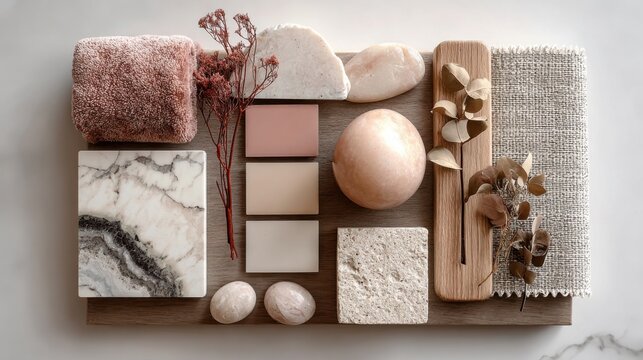 Elegant Interior Design Mood Board With Natural Stone and Textile Swatches, Showcasing Material Selection and Creative Collaboration : Generative AI