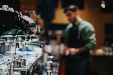 Barista working in a coffeehouse preparing drinks using a commercial espresso machine.