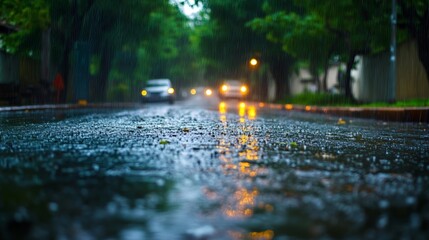 Wet street with glowing reflections during rainfall