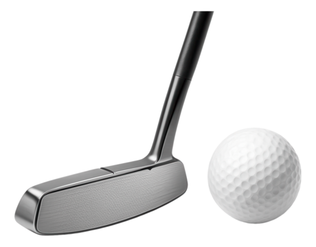 Close-up of a sleek metallic golf putter next to a white textured golf ball on transparent background.
