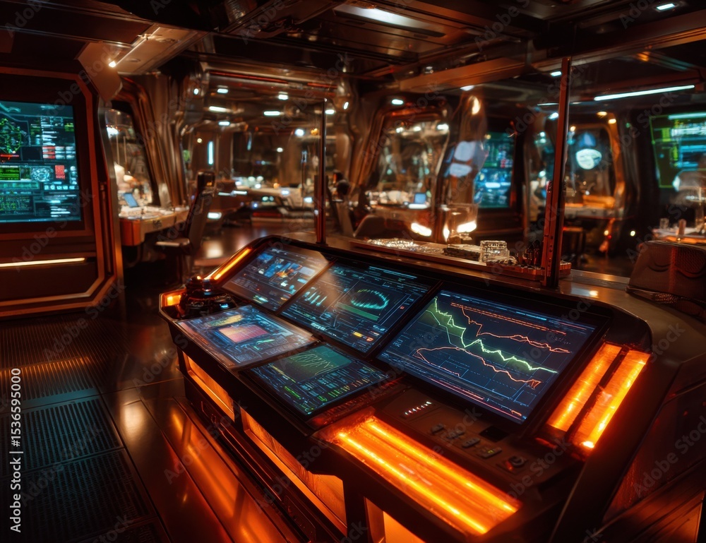 Fototapete Futuristic Control Room With Multiple Screens Displaying Data, Representing Technological Advancement and Digital Transformation in Business and Science : Generative AI