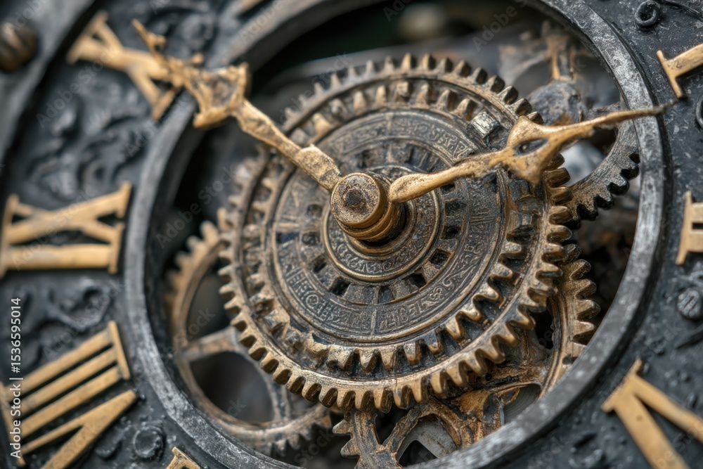 Poster Close-Up of Intricate Clock Gears, Symbolizing Precision and Timelessness for Project Management and Innovation : Generative AI