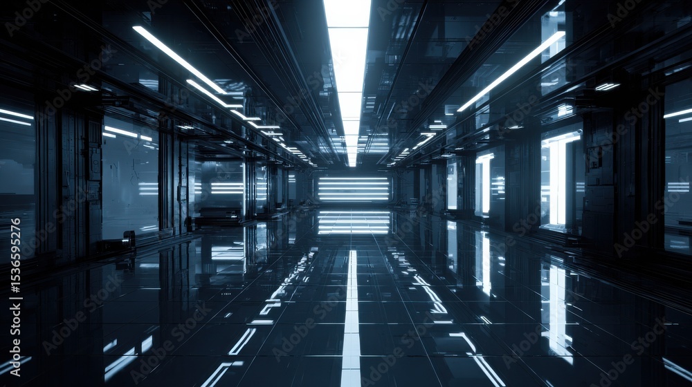 Aufkleber Futuristic Corridor With Glowing Lights, Showcasing Innovation and Technological Advancement in Engineering and Architecture, Ideal for Science Fiction Projects : Generative AI