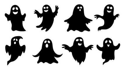 set of halloween ghosts silhouette vector on tranparent background