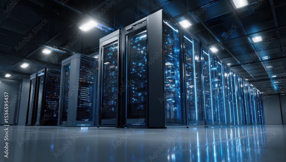 Aufkleber Rows of Data Servers in a Modern Data Center, Representing Technology Infrastructure and Digital Transformation for Business : Generative AI