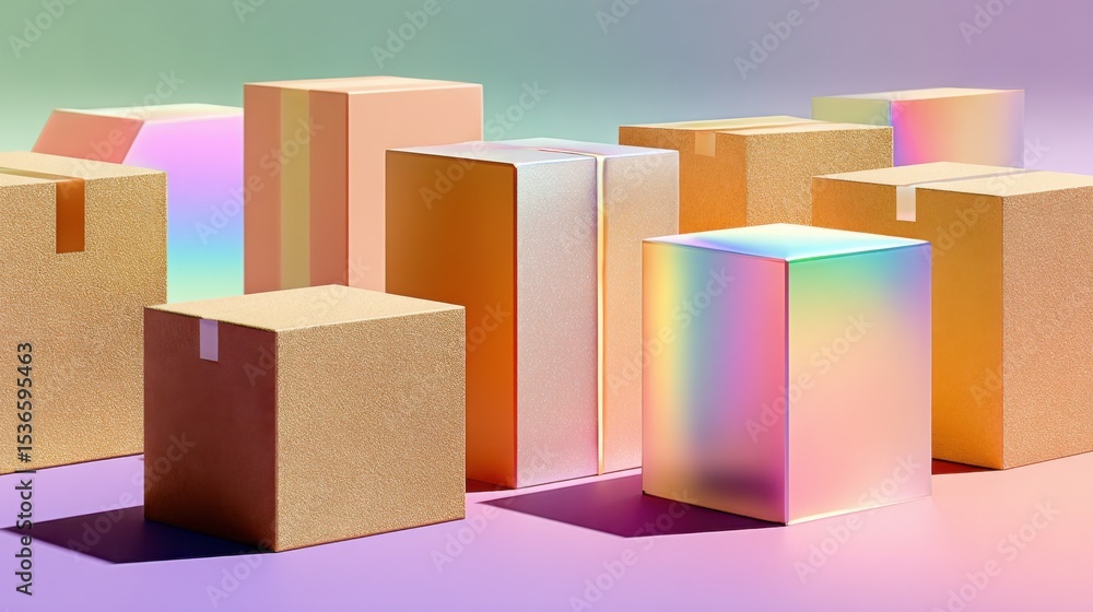 Poster collection of colorful boxes in pastel setting, symbolizing logistics and supply chain management fo
