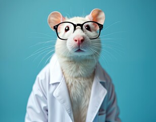 Funny smart rat wearing glasses lab coat against blue backdrop. Cute, adorable, quirky, whimsical image, perfect for various projects. Great for science, education, advertising, humor, memes creative