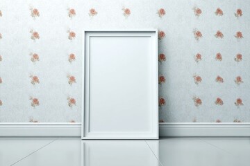 Empty White Frame Leaning Against Floral Wallpaper, Ideal for Mockups and Interior Design Showcase, Representing Minimalist Style and Creative Expression : Generative AI