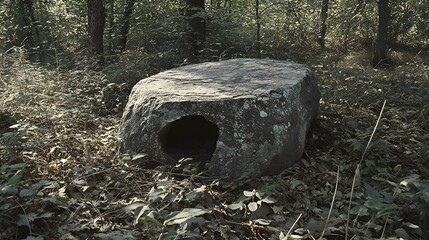 Obraz premium Ancient Stone Structure in Forest Mysterious Cave-like Opening Hollow Rock Woodland Setting