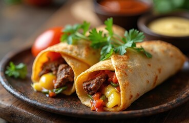Delicious kati roll Indian street food on wooden plate. Kolkata cuisine wrap with meat and vegetables. Tasty snack with herbs. Served with sauces. Culinary food photo.