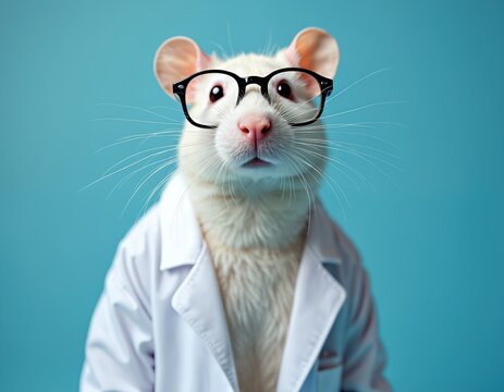 Funny smart rat wearing glasses lab coat against blue backdrop. Cute, adorable, quirky, whimsical image, perfect for various projects. Great for science, education, advertising, humor, memes creative