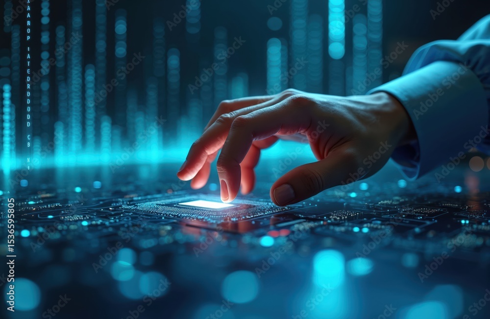 Poster hand interacts with ai machine learning concept. futuristic interface, digital transformation. moder