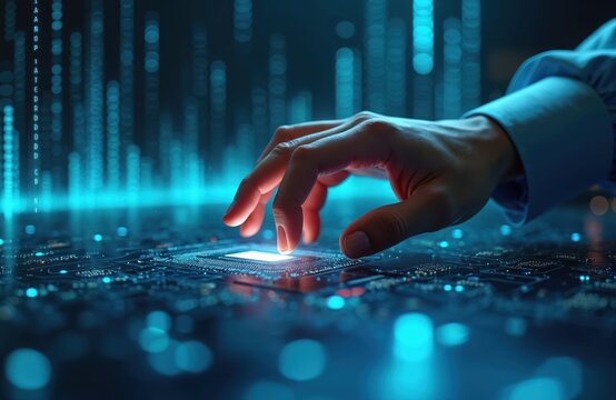 Hand interacts with AI machine learning concept. Futuristic interface, digital transformation. Modern technology, data processing, innovation, connection. Symbol of global network communication.