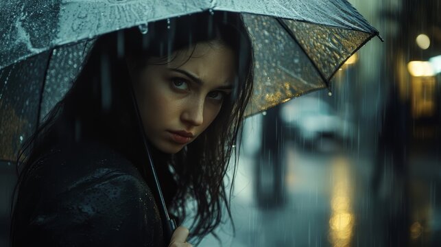 Woman Holding Umbrella in the Rain