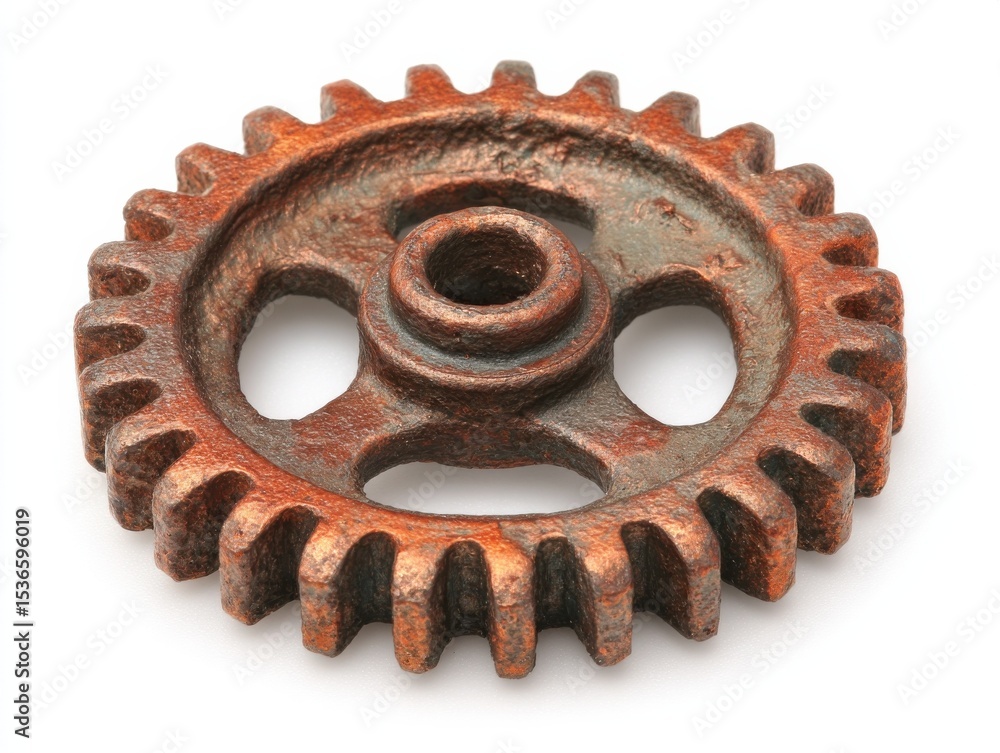 Aufkleber Close-Up of a Rusty Gear on White, Symbolizing Industrial Progress and Mechanical Engineering Solutions, Perfect for Technical Documentation : Generative AI