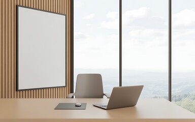 Office Interior With Desk Laptop and a Large Window
