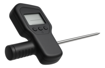 Digital soil moisture meter with a sleek handle and a metal probe, featuring a clear display and three control buttons, on transparent background.
