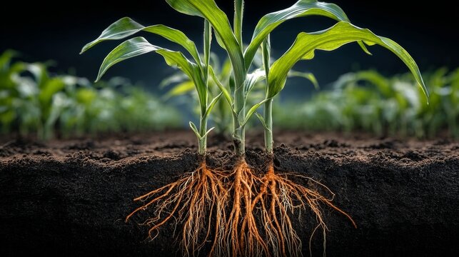 Vibrant maize crop flourishing in nutrient-rich soil, demonstrating robust root systems and growth