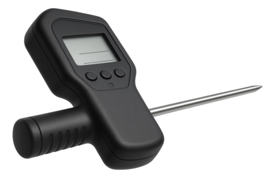 Digital soil moisture meter with a sleek handle and a metal probe, featuring a clear display and three control buttons, on transparent background.