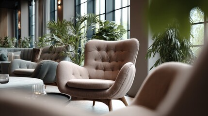 Fototapeta premium Cozy Armchairs in a Modern Lobby With Potted Plants, Ideal for Real Estate Marketing and Interior Design Inspiration : Generative AI
