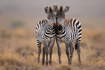 Obraz premium Two Zebras Standing Together in a Field, Representing Partnership and Wildlife Conservation Efforts : Generative AI