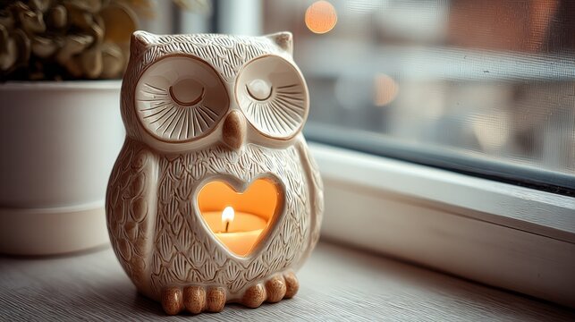 Ceramic Owl Candle Holder With Heart Cutout on Windowsill, Symbolizing Home Decor and Interior Design, Perfect for Valentine's Day Gift Guides and Seasonal Promotions : Generative AI