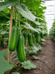 Fresh Cucumbers Growing in Greenhouse, Representing Sustainable Agriculture and Healthy Eating Habits, Ideal for Food Production and Organic Farming Campaigns : Generative AI