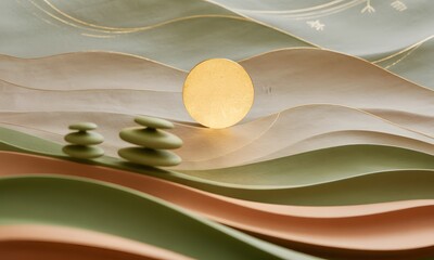 Layered hills with stylized sun and trees